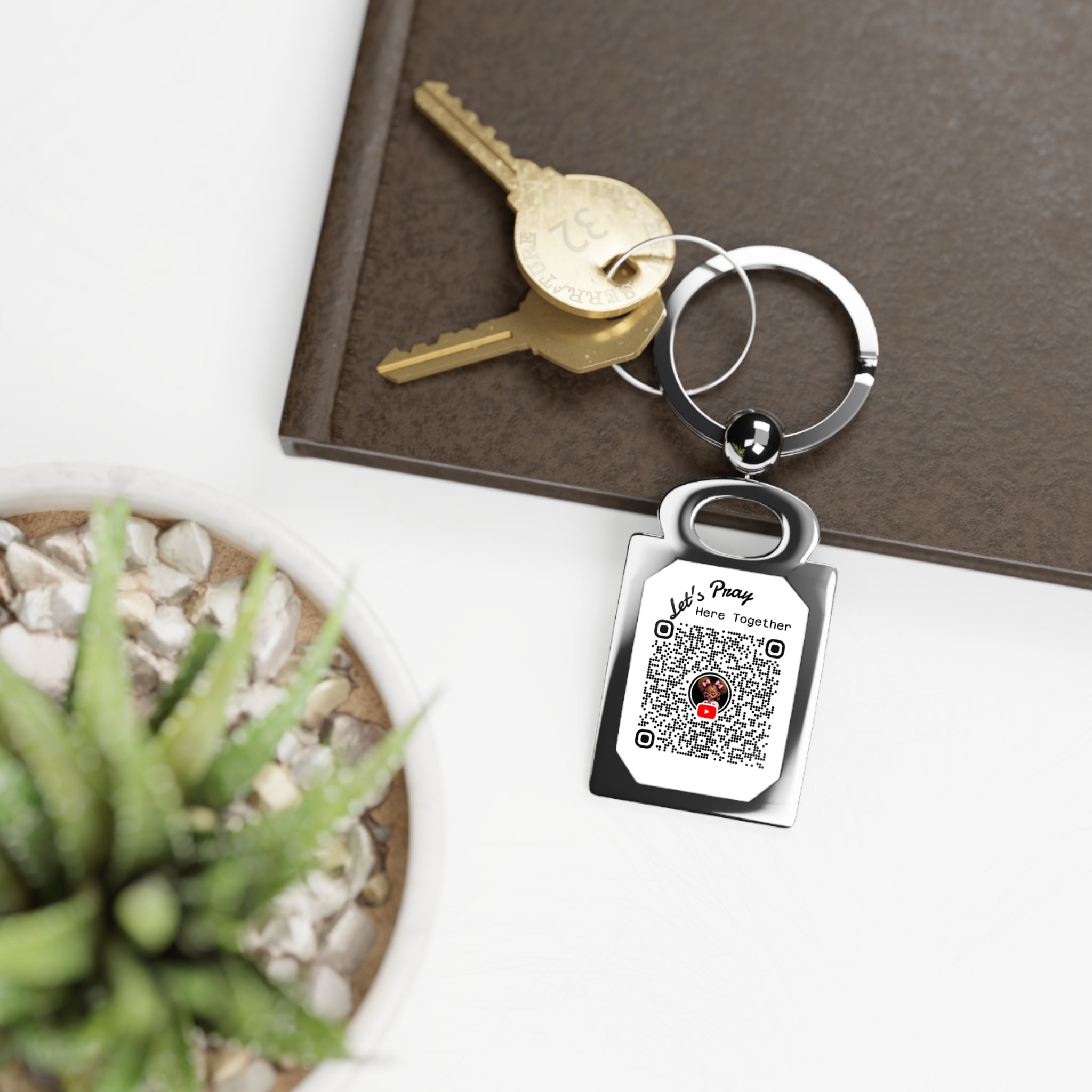 Let’s Pray Here Together Keyring — Engraved Rectangle Metal Keychain with Scan-to-View Photo