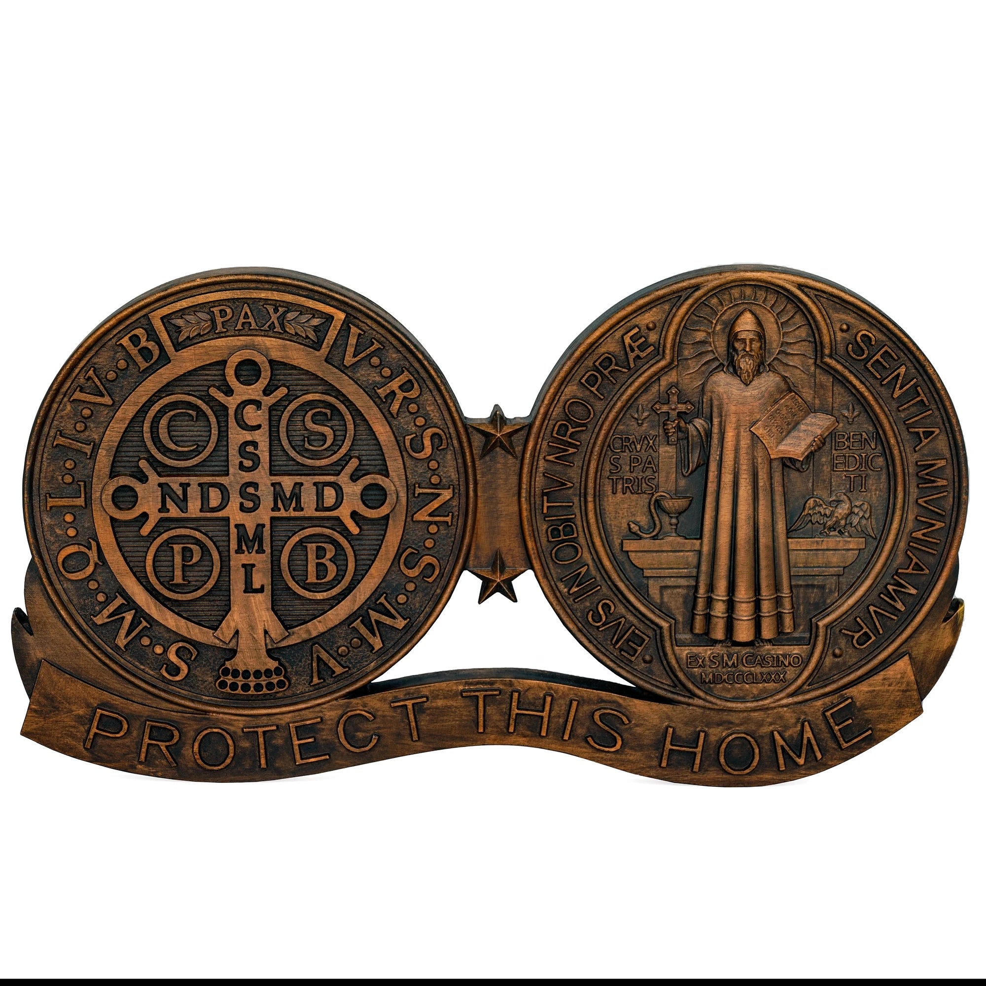 St. Benedict medal ornaments, Catholic religious items, Catholic medals, wooden decorations, exorcisms, family protection