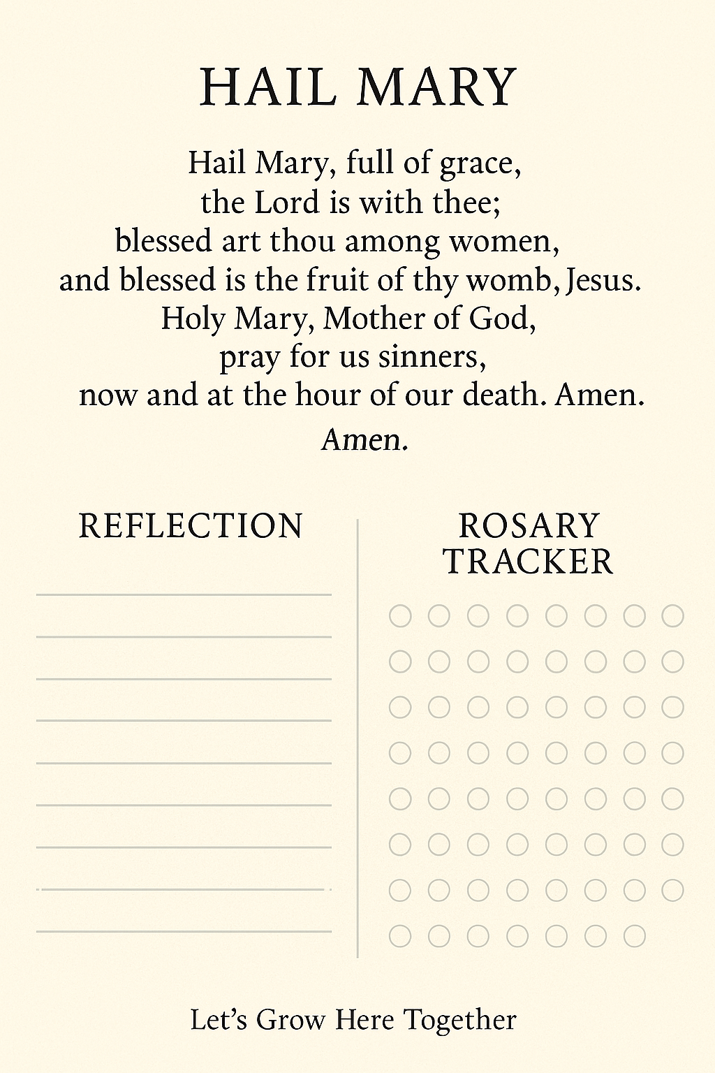 Printable: Hail Mary prayer + Reflection space and Rosary Tracker  – 2 Page Set.
