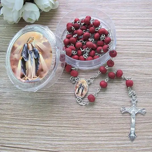 12 PCS Miraculous Our Lady of Grace Rose Scented Rosary Religious Gift Favors Wood bead Rosary Necklace in gift box