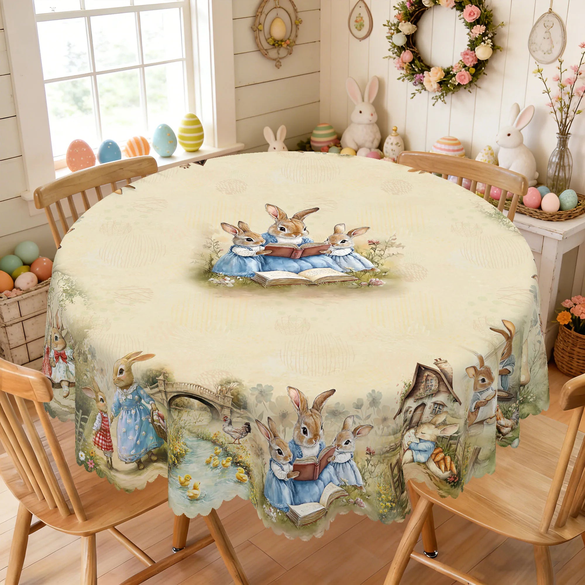1 Easter-Themed Round Tablecloth, Available in 5 Sizes, Featuring a Central Cluster of Soft and Cute Rabbits Reading Books, with Little Rabbits Hopping Across the Bridge, Snuggling in a Hut, or Holding Bread, Embossed Edges,