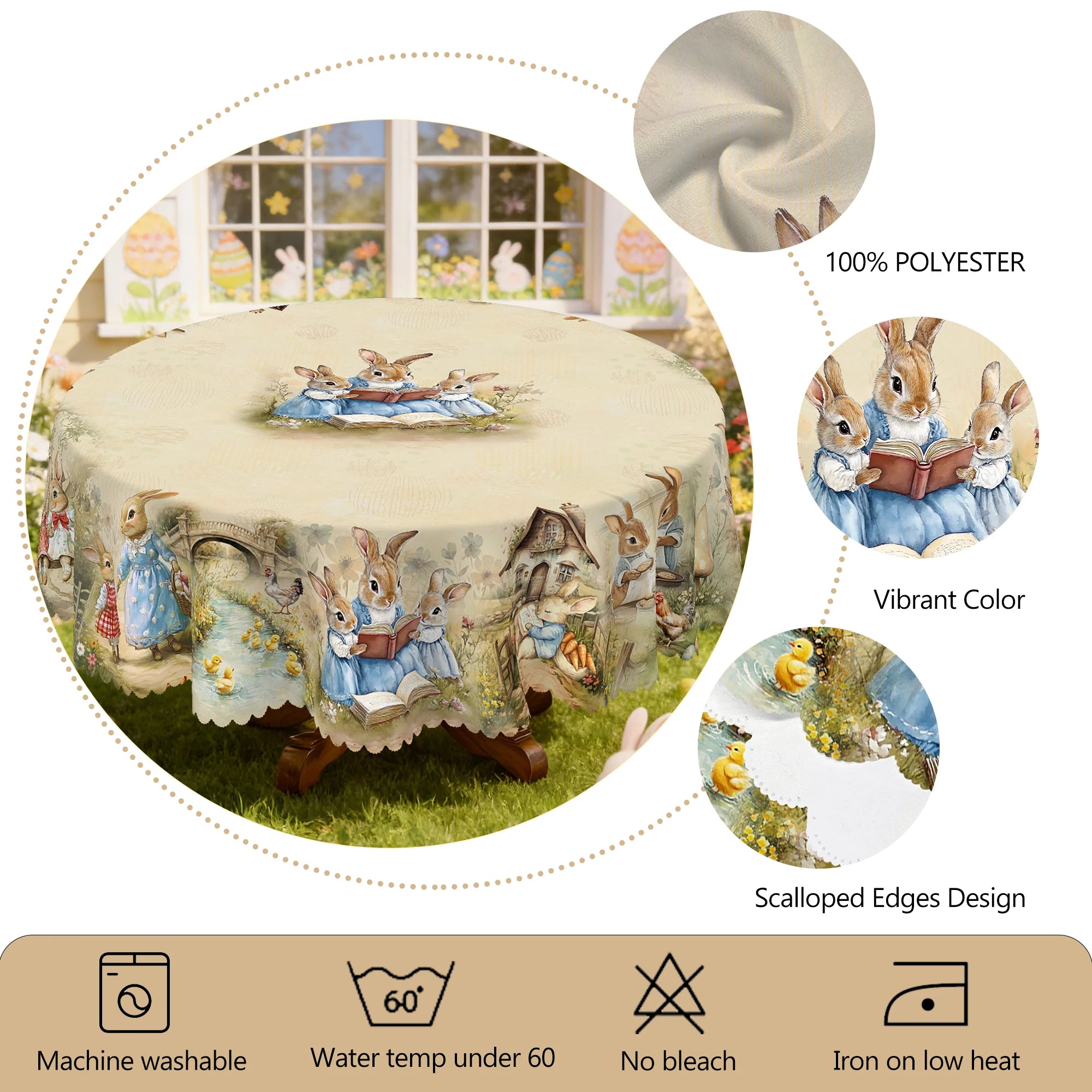 1 Easter-Themed Round Tablecloth, Available in 5 Sizes, Featuring a Central Cluster of Soft and Cute Rabbits Reading Books, with Little Rabbits Hopping Across the Bridge, Snuggling in a Hut, or Holding Bread, Embossed Edges,