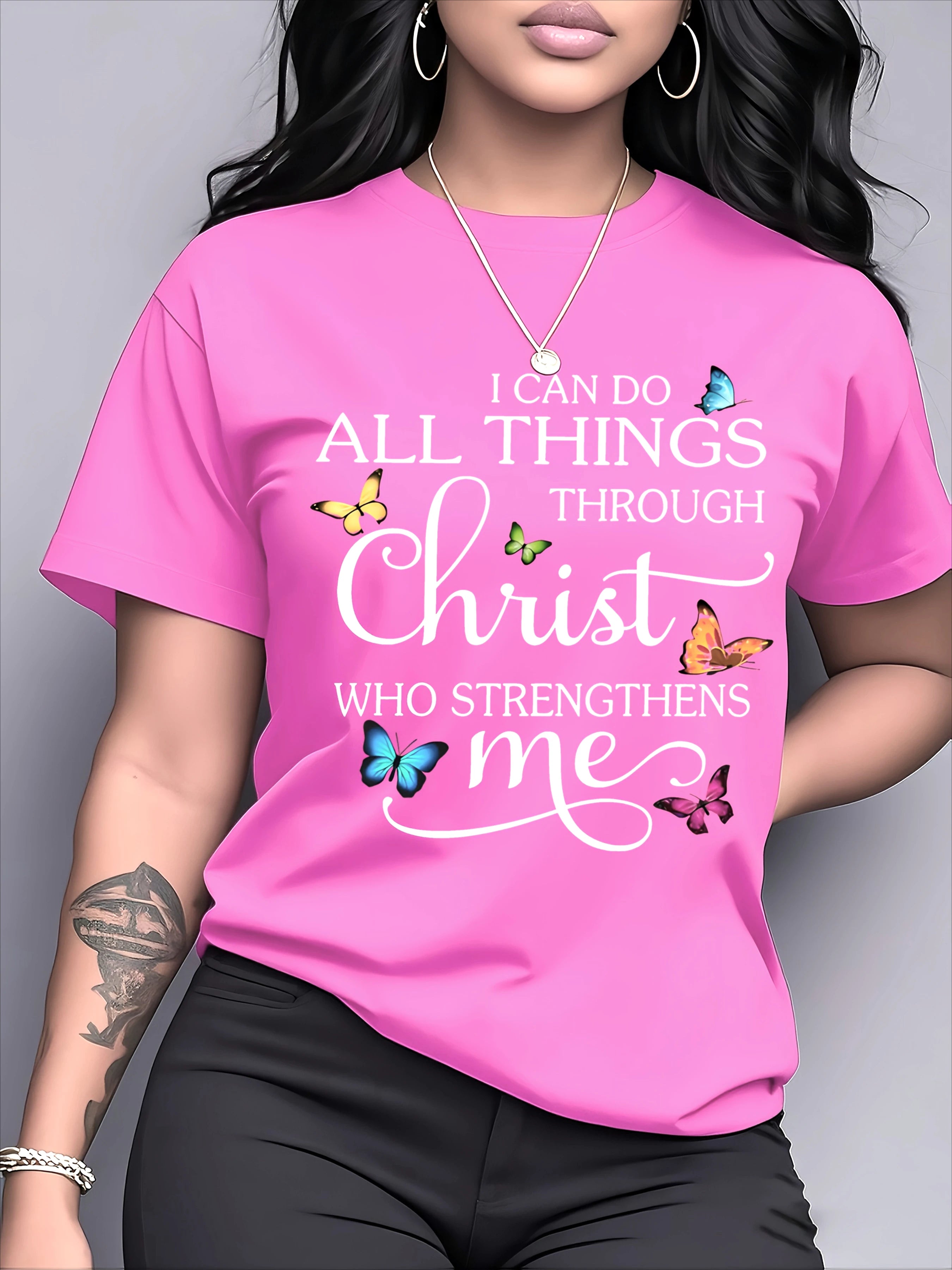 "I Can Do All Things Through Christ" Print Women's T-Shirt Everyday Outfits Christian Gifts Comfortable Graphic Print Summer Top