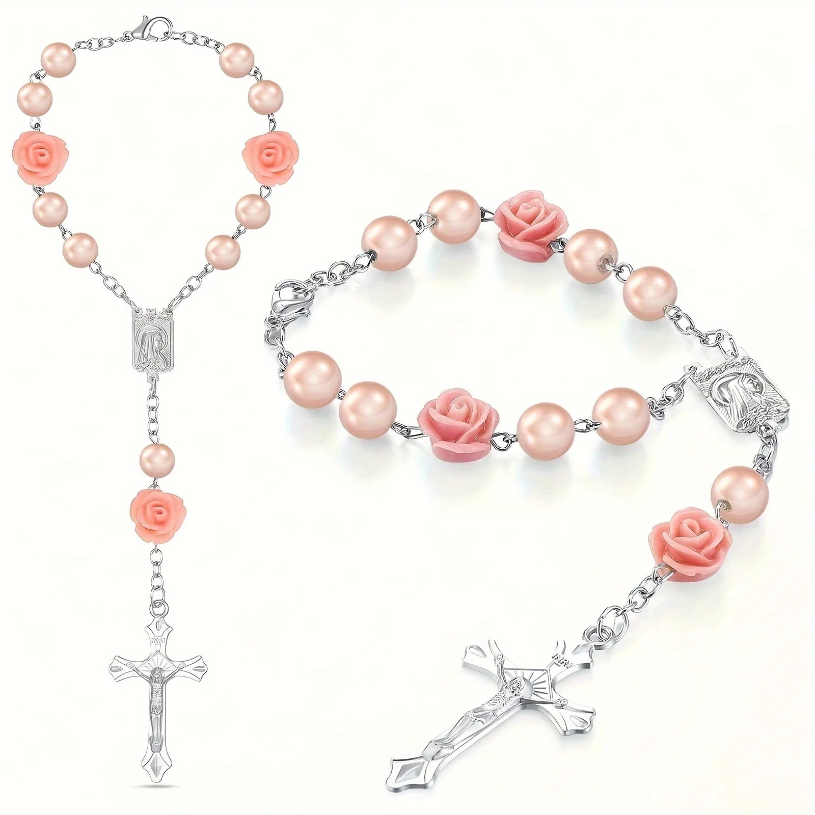 1pc ABS Car Rosary with Mirror, Rearview Mirror Beads, Rose Medal, Catholic Prayer Beads, Interior Decor, Cross Hanging Accessor