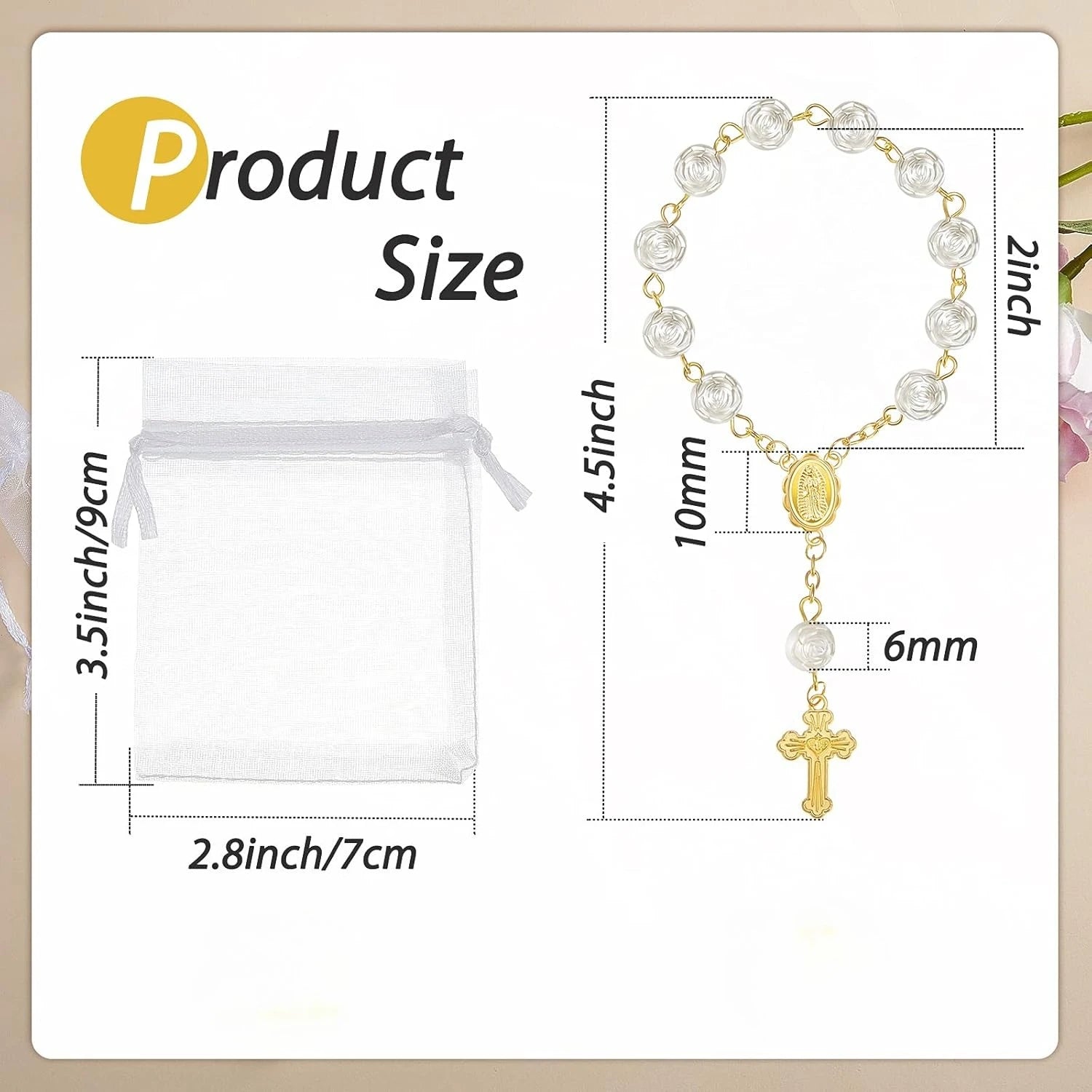 10-60 Pieces Mini Rosaries Baptism Rosary Beads Acrylic Ivory Color Finger Baptism Rosaries Faux Pearls with Organza Bags