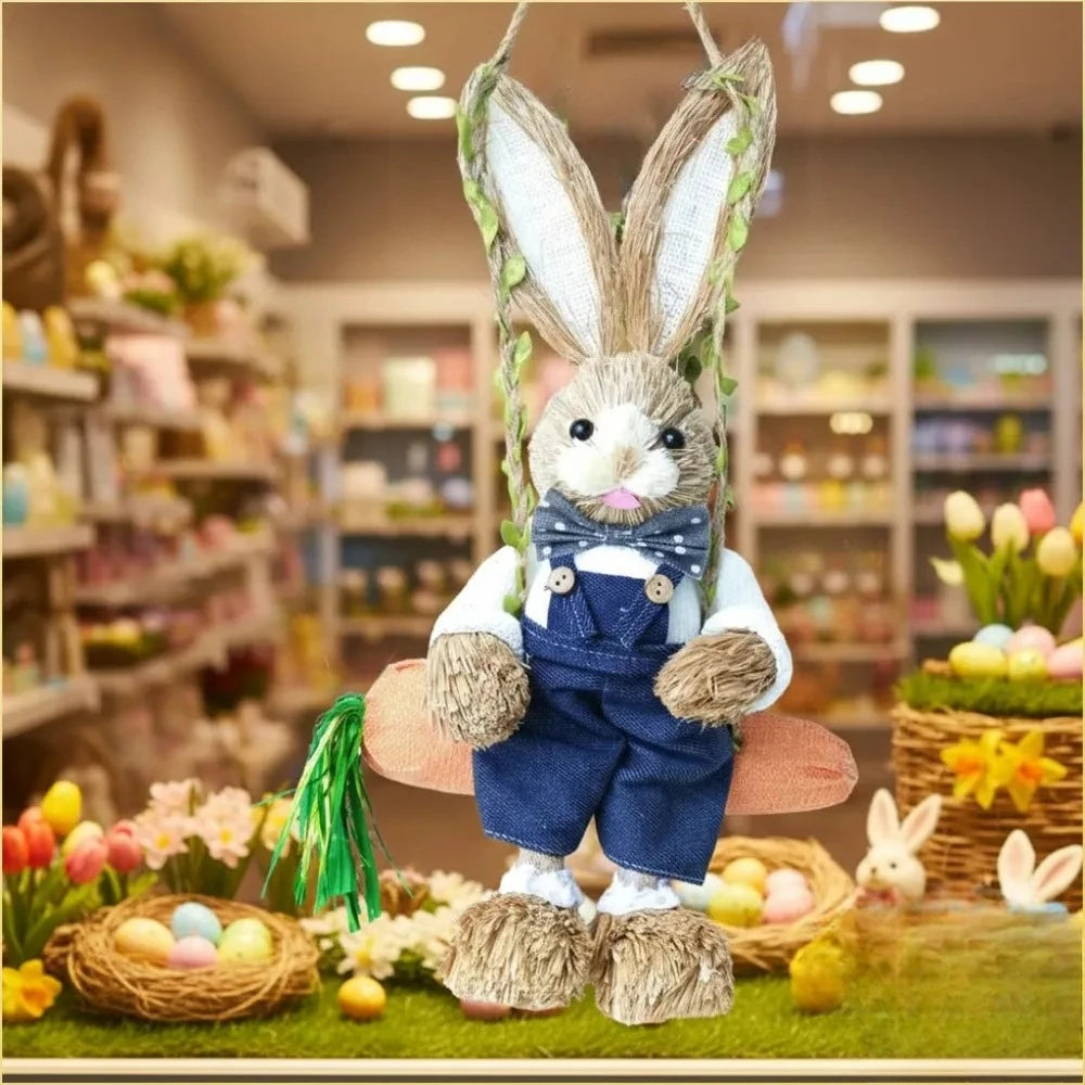 13.8 Inch Easter Bunny Hanging Figurine Carrot Swing Woven Straw Rabbit Spring Home Indoor Outdoor Decor