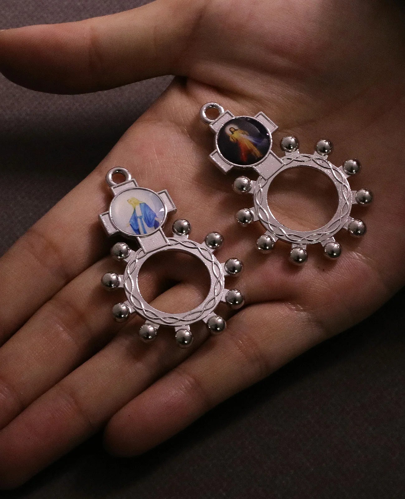 10Pcs Catholic Random Icon Cross Rosary Ring Our Lady of Perpetual Help Icon One Decade Rosary Portable Jewelry Accessories