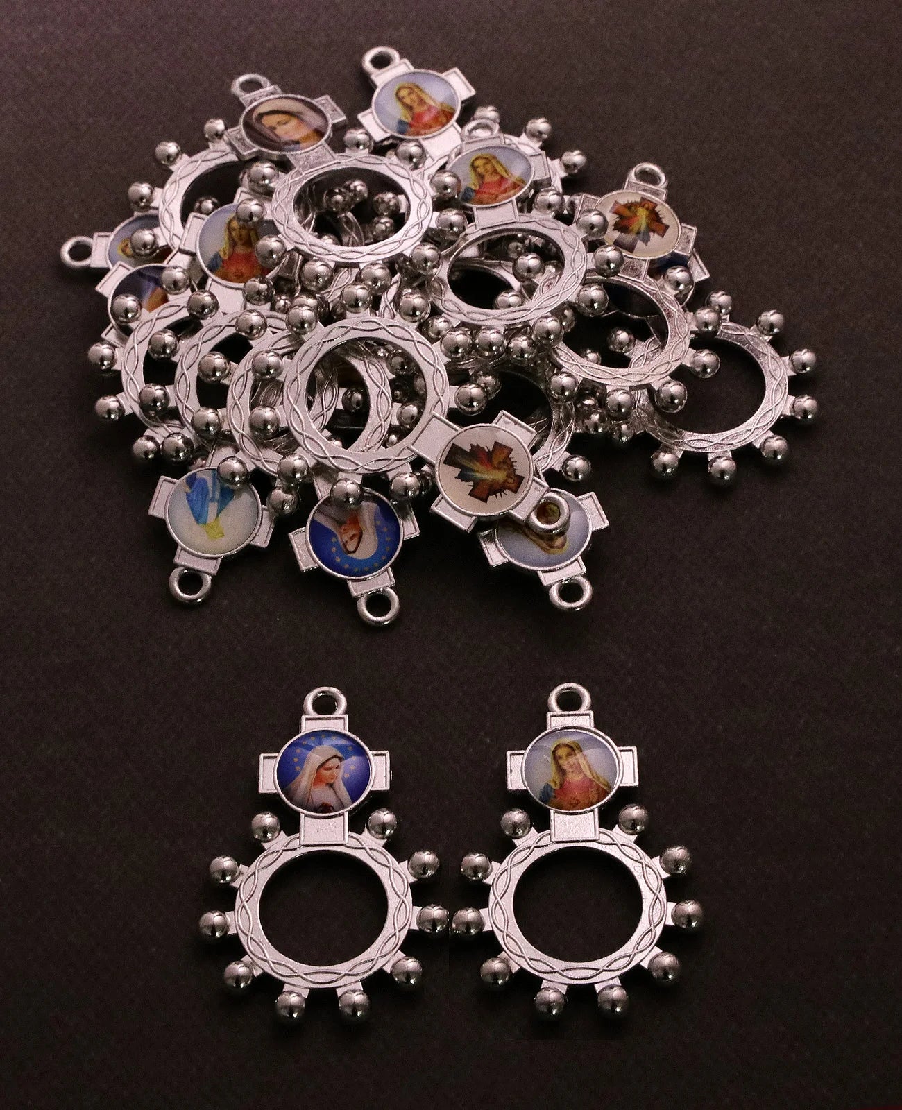 10Pcs Catholic Random Icon Cross Rosary Ring Our Lady of Perpetual Help Icon One Decade Rosary Portable Jewelry Accessories