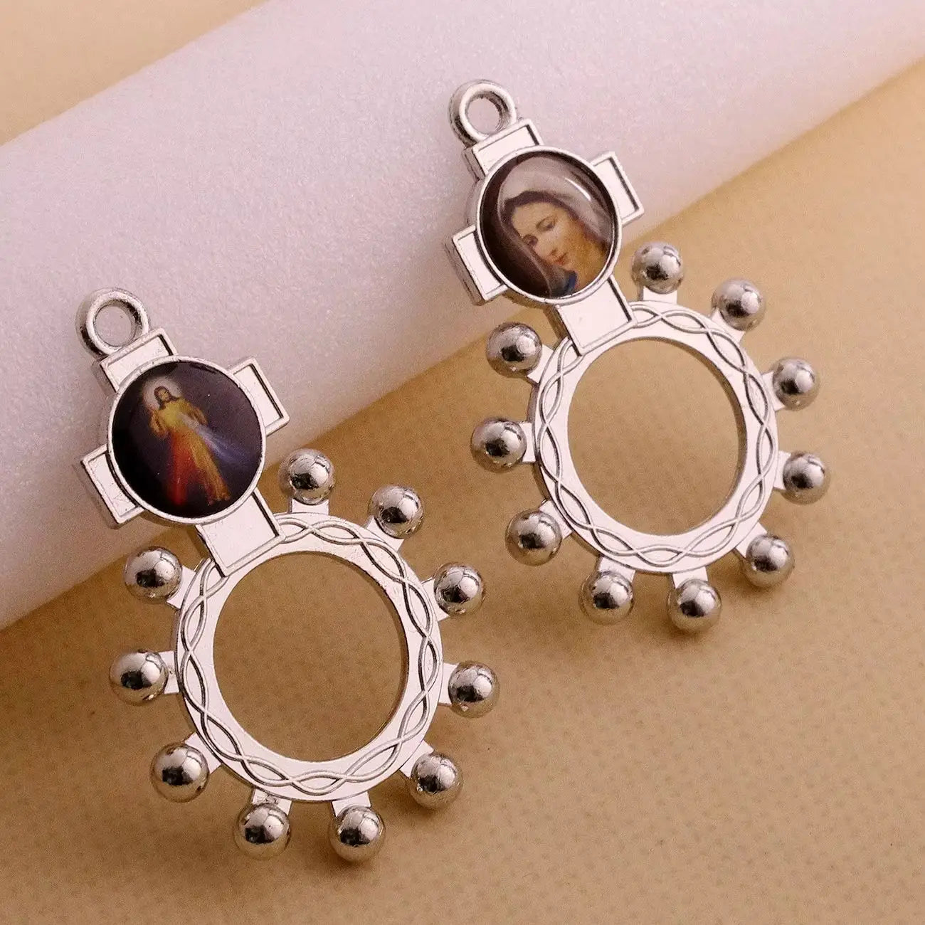 10Pcs Catholic Random Icon Cross Rosary Ring Our Lady of Perpetual Help Icon One Decade Rosary Portable Jewelry Accessories