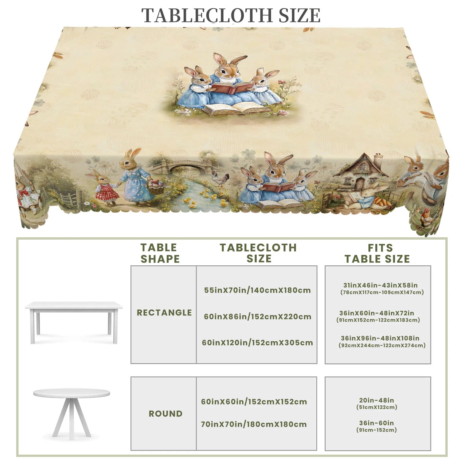 1 Easter-Themed Round Tablecloth, Available in 5 Sizes, Featuring a Central Cluster of Soft and Cute Rabbits Reading Books, with Little Rabbits Hopping Across the Bridge, Snuggling in a Hut, or Holding Bread, Embossed Edges,