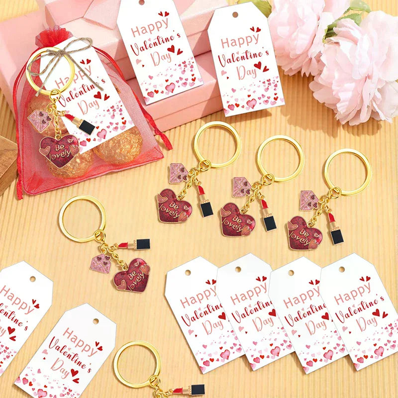 18 Set Valentine's Day Couple Gifts 18 Heart Keychain, 18 Gift Label Tags, 18 Red Organza Bags Couple Exchange Gifts