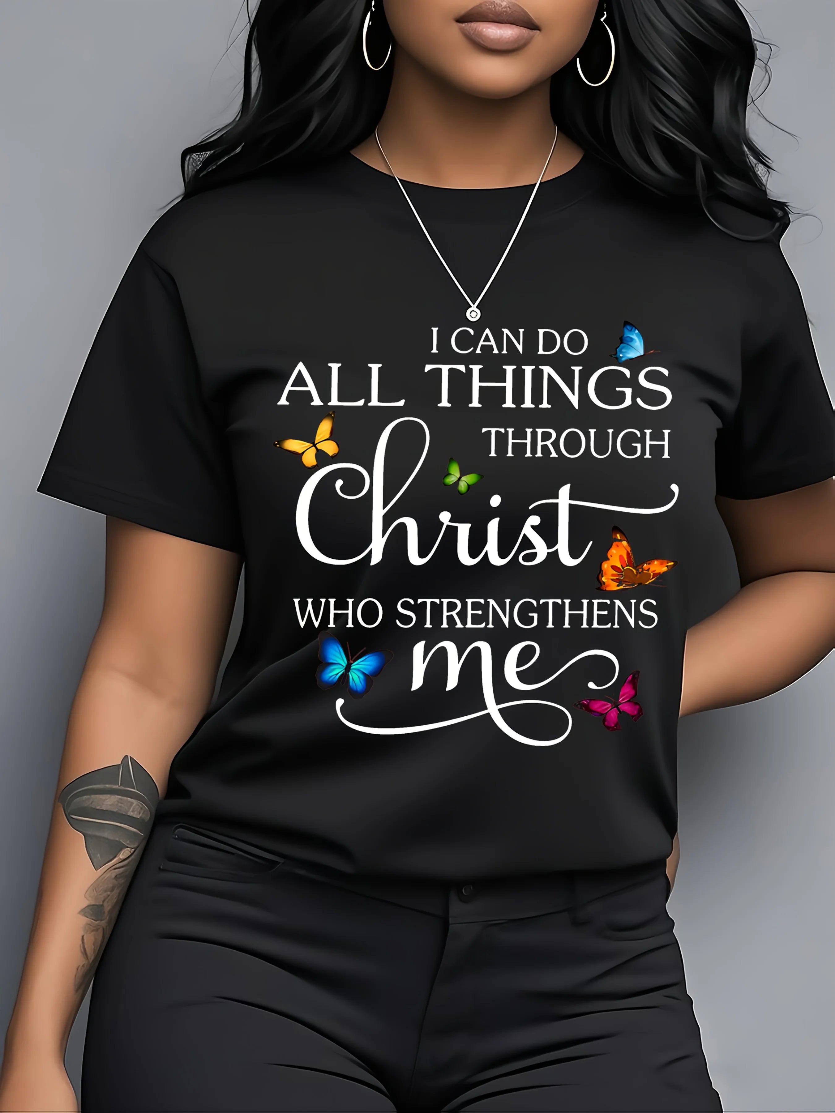 "I Can Do All Things Through Christ" Print Women's T-Shirt Everyday Outfits Christian Gifts Comfortable Graphic Print Summer Top