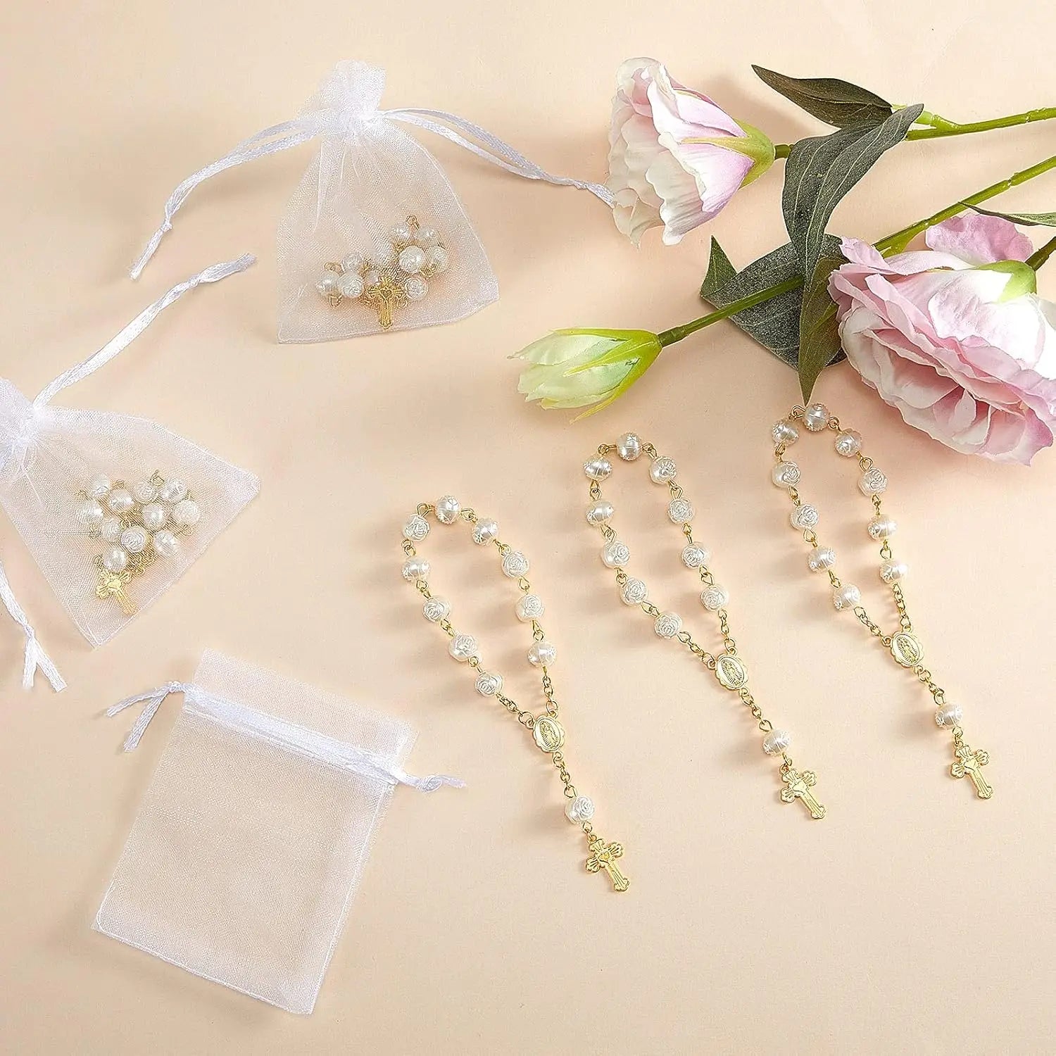 10-60 Pieces Mini Rosaries Baptism Rosary Beads Acrylic Ivory Color Finger Baptism Rosaries Faux Pearls with Organza Bags