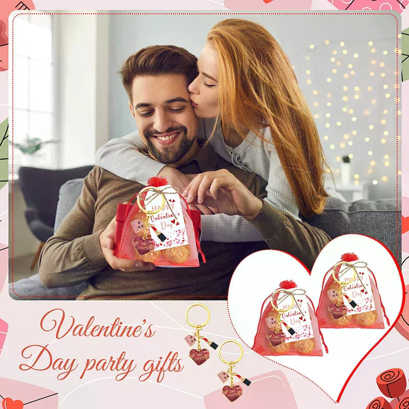 18 Set Valentine's Day Couple Gifts 18 Heart Keychain, 18 Gift Label Tags, 18 Red Organza Bags Couple Exchange Gifts
