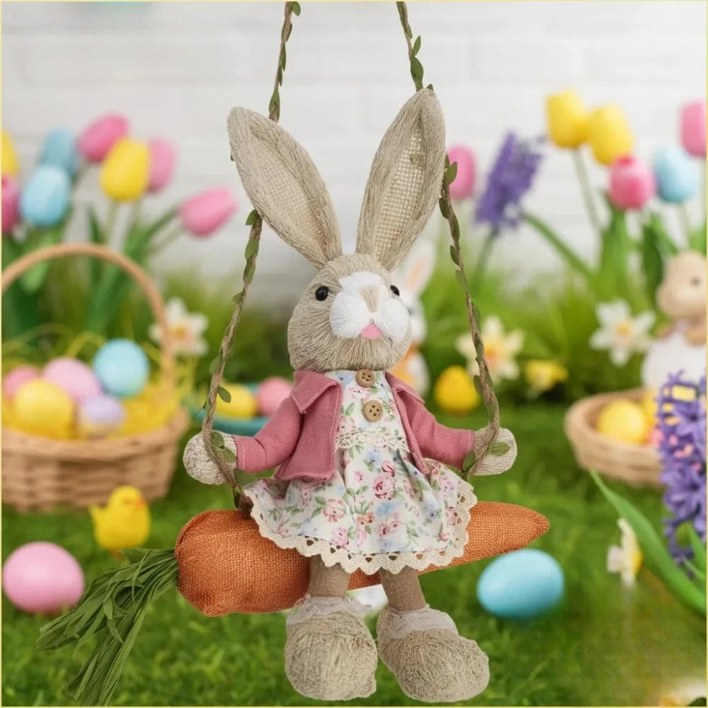 13.8 Inch Easter Bunny Hanging Figurine Carrot Swing Woven Straw Rabbit Spring Home Indoor Outdoor Decor