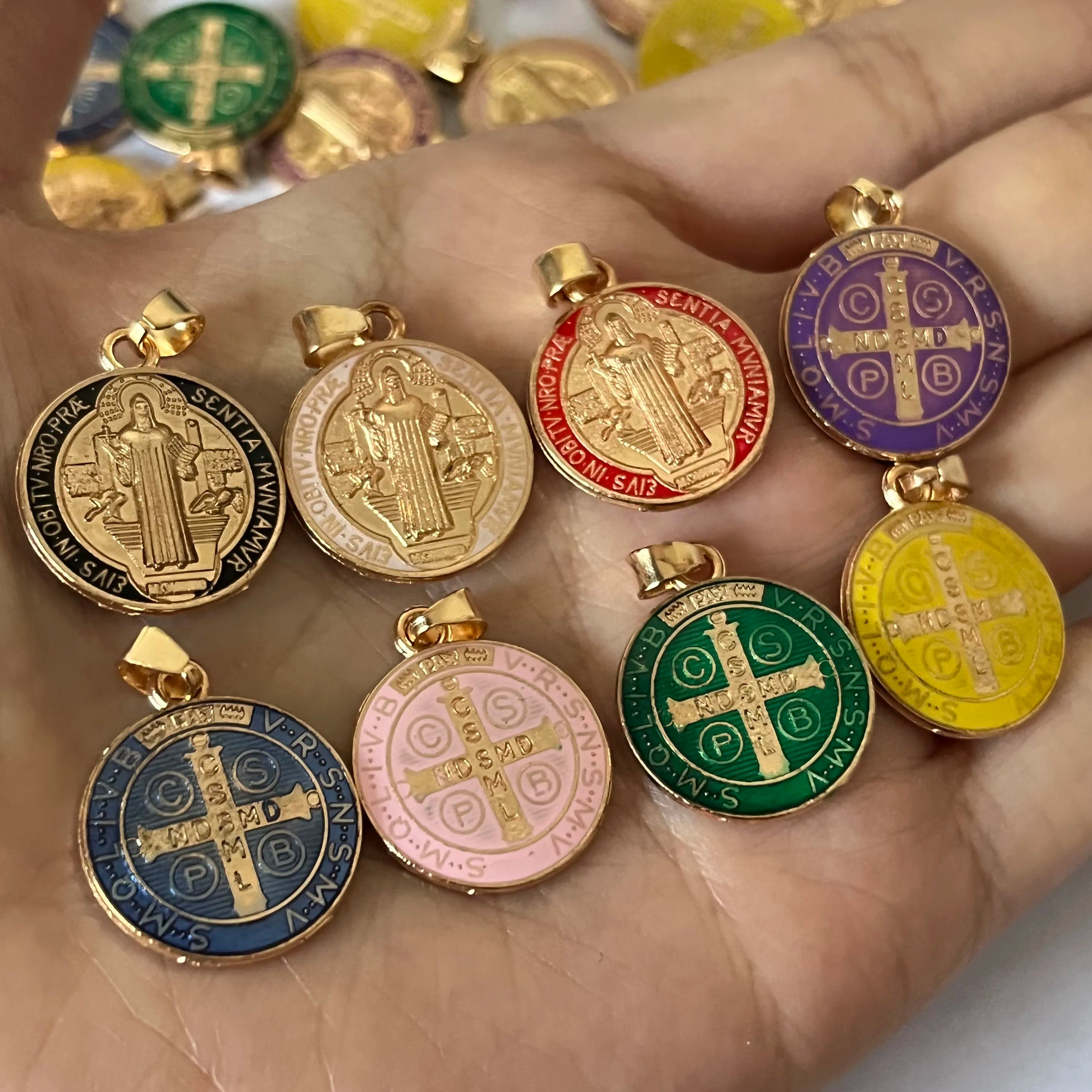 10 Pieces Religious Multicolor Saint Benedict Medal Catholic Gold Plated SB Medal Coin San Benito Gift