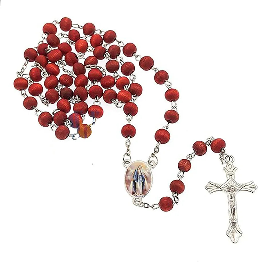 12 PCS Miraculous Our Lady of Grace Rose Scented Rosary Religious Gift Favors Wood bead Rosary Necklace in gift box