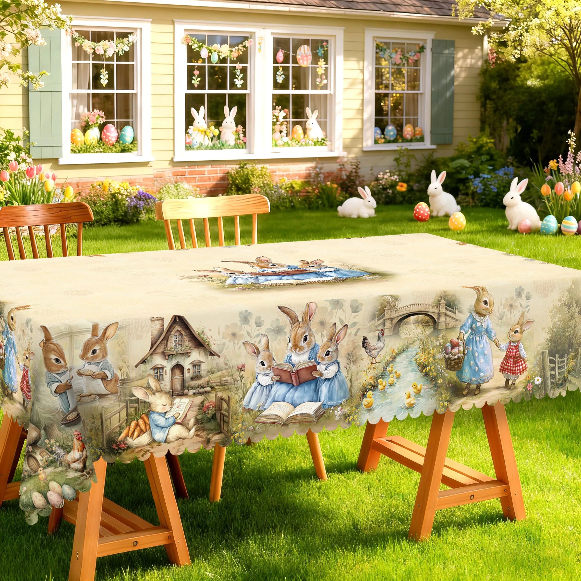 1 Easter-Themed Round Tablecloth, Available in 5 Sizes, Featuring a Central Cluster of Soft and Cute Rabbits Reading Books, with Little Rabbits Hopping Across the Bridge, Snuggling in a Hut, or Holding Bread, Embossed Edges,