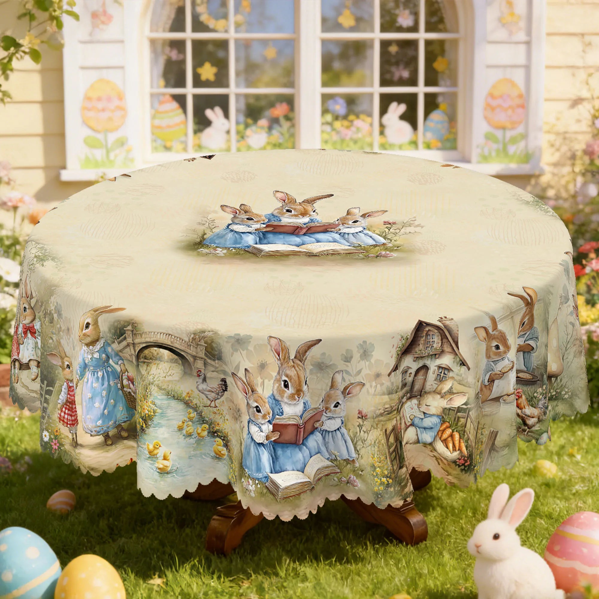 1 Easter-Themed Round Tablecloth, Available in 5 Sizes, Featuring a Central Cluster of Soft and Cute Rabbits Reading Books, with Little Rabbits Hopping Across the Bridge, Snuggling in a Hut, or Holding Bread, Embossed Edges,