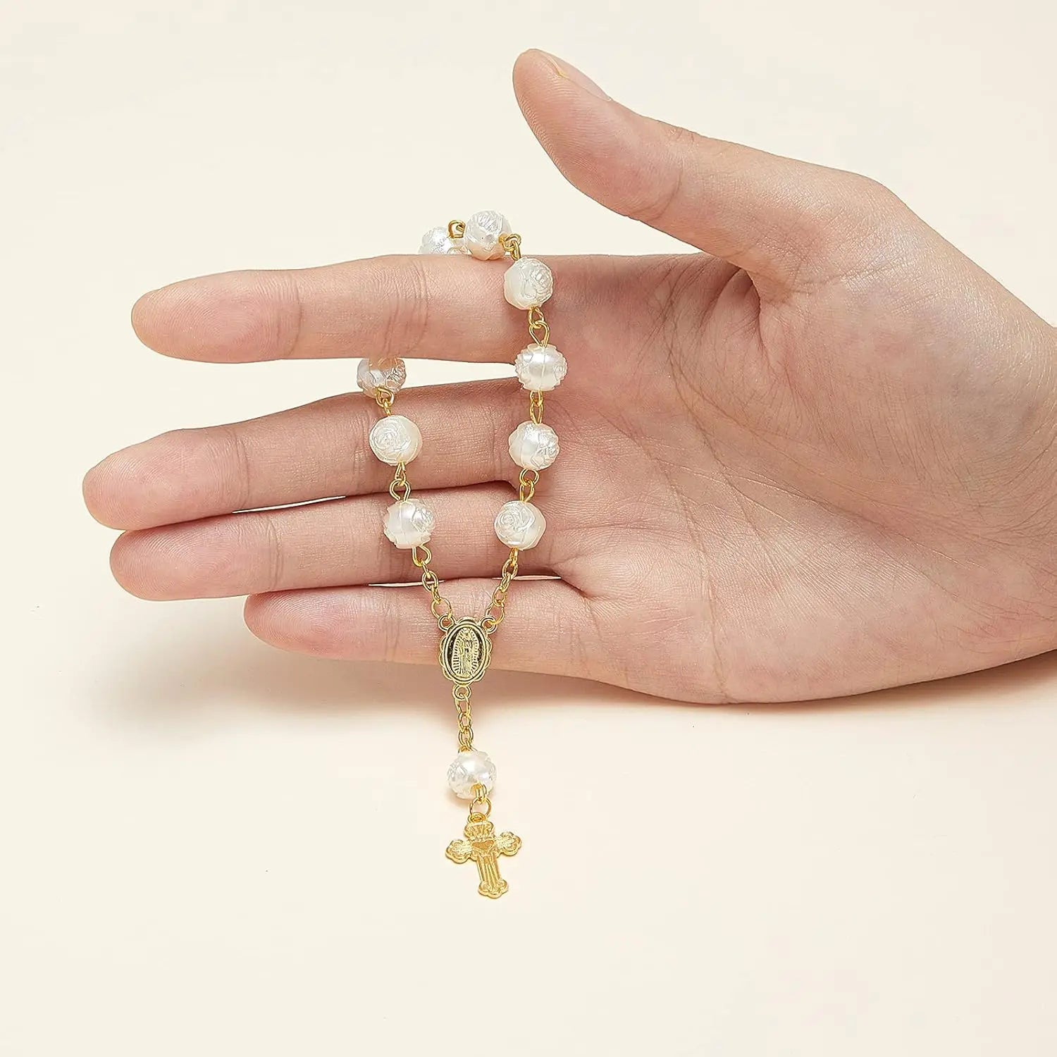 10-60 Pieces Mini Rosaries Baptism Rosary Beads Acrylic Ivory Color Finger Baptism Rosaries Faux Pearls with Organza Bags