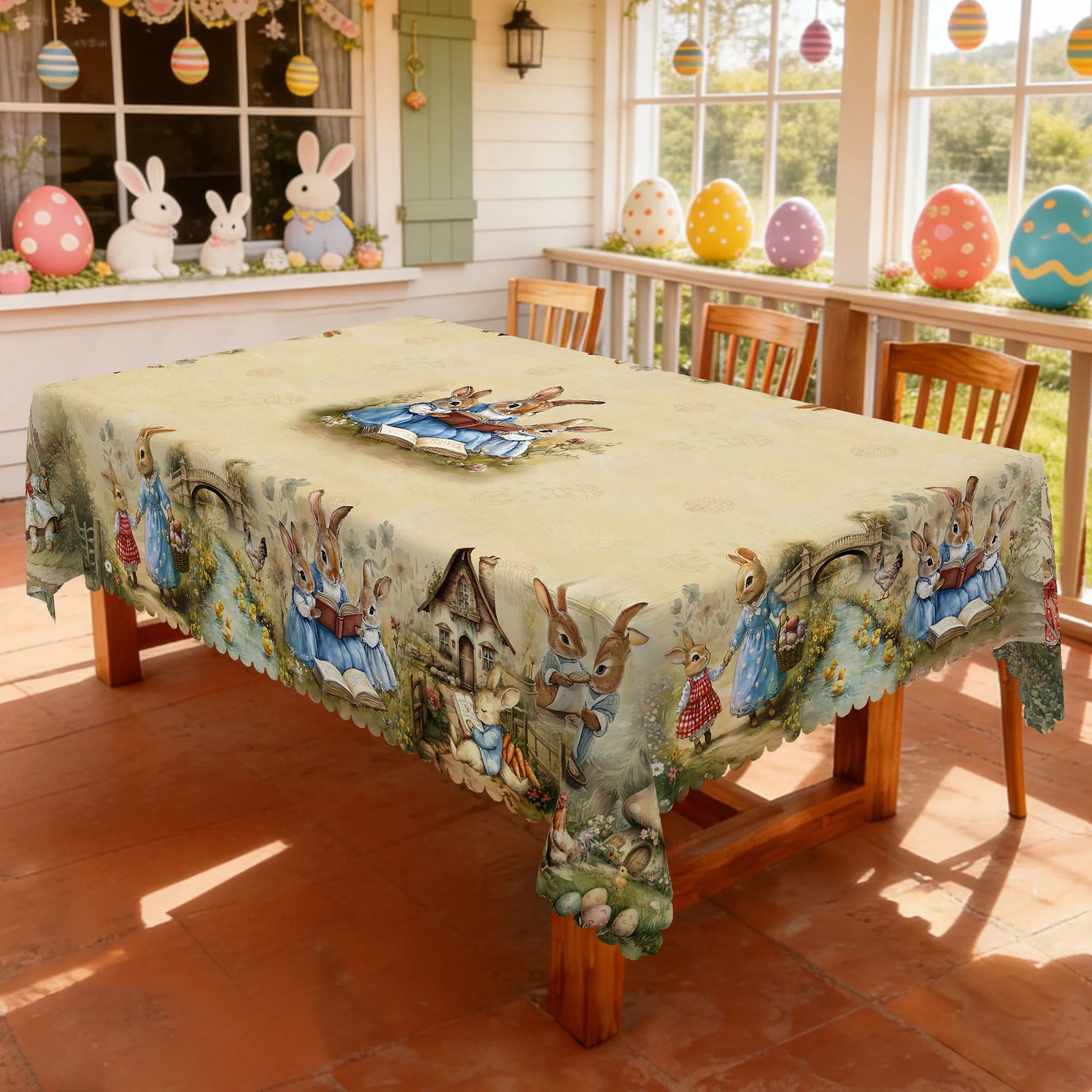 1 Easter-Themed Round Tablecloth, Available in 5 Sizes, Featuring a Central Cluster of Soft and Cute Rabbits Reading Books, with Little Rabbits Hopping Across the Bridge, Snuggling in a Hut, or Holding Bread, Embossed Edges,
