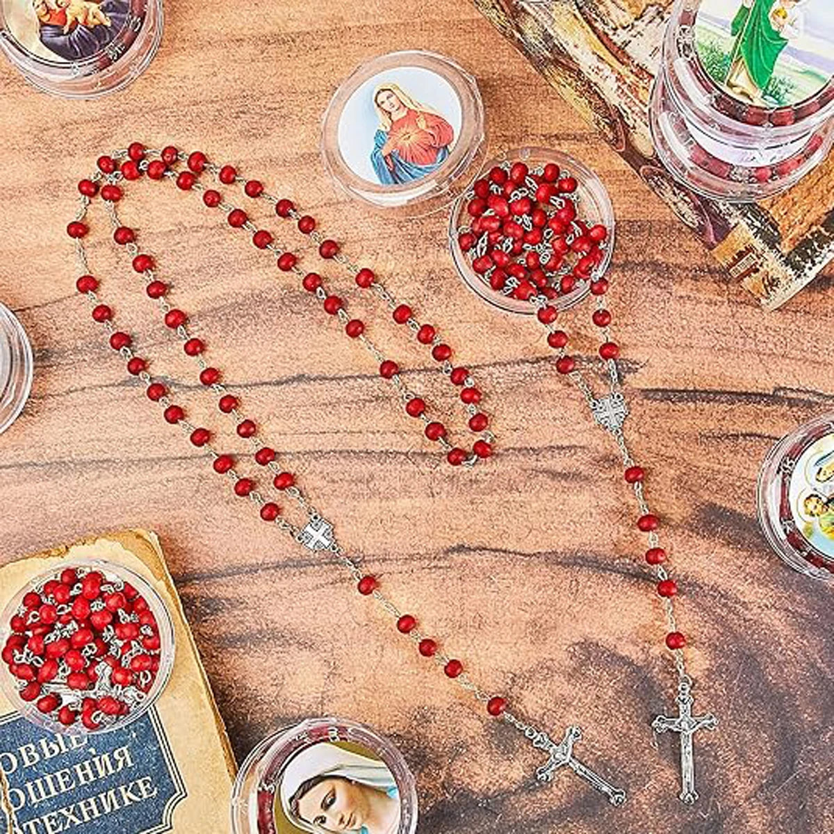 12 Pcs Catholic Rosaries Necklaces Wooden Beads  Religious Rosary Gifts Holy Rosaries with Gift Boxes for Prayer Men Women