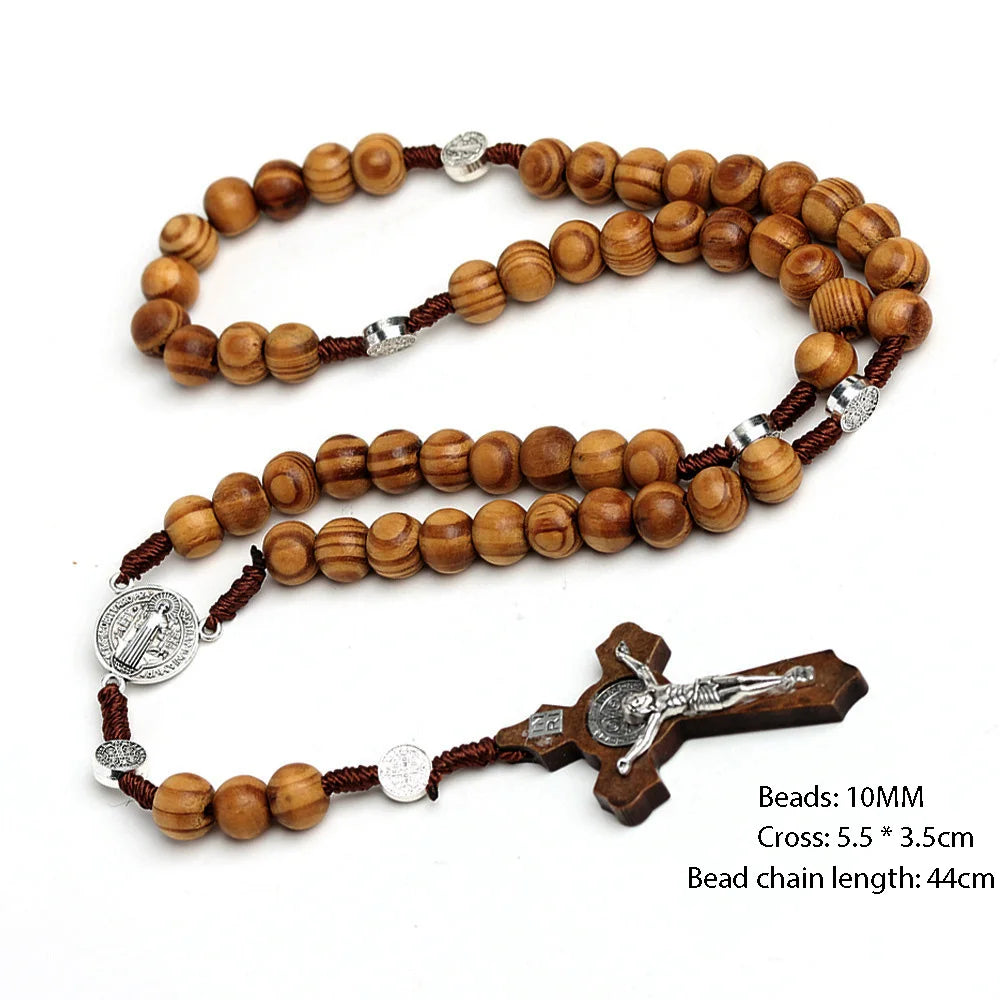 10MM Wood Beads Rosary Cross Necklace For Women Men Christian Virgin Mary INRI Pendant Chain Fashion Religion Jewelry