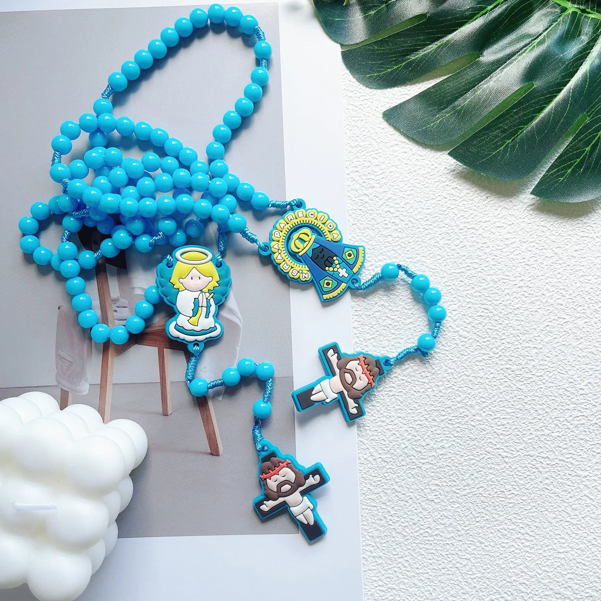 1 Piece Set Children's Catholic Rosary with Virgin Mary Angel Cross Pendant Boys Girls Communion Party Gift