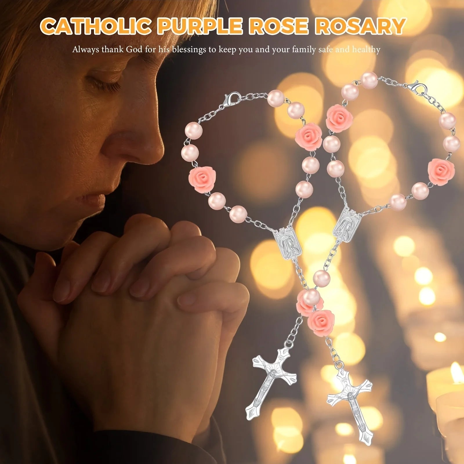 1pc ABS Car Rosary with Mirror, Rearview Mirror Beads, Rose Medal, Catholic Prayer Beads, Interior Decor, Cross Hanging Accessor