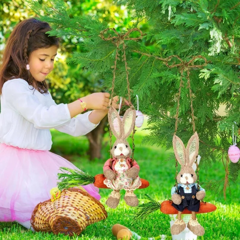 13.8 Inch Easter Bunny Hanging Figurine Carrot Swing Woven Straw Rabbit Spring Home Indoor Outdoor Decor