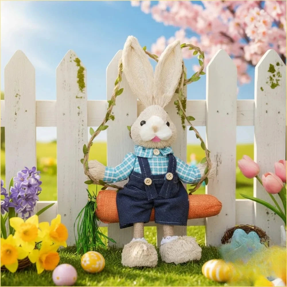 13.8 Inch Easter Bunny Hanging Figurine Carrot Swing Woven Straw Rabbit Spring Home Indoor Outdoor Decor