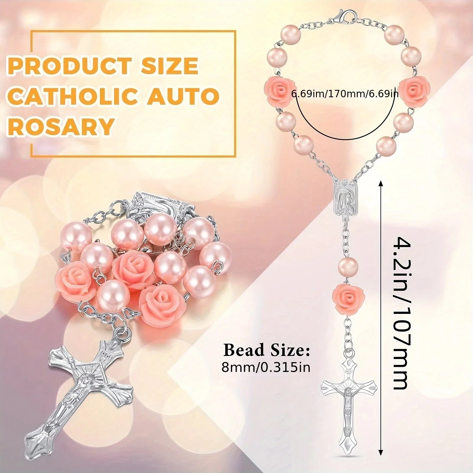 1pc ABS Car Rosary with Mirror, Rearview Mirror Beads, Rose Medal, Catholic Prayer Beads, Interior Decor, Cross Hanging Accessor