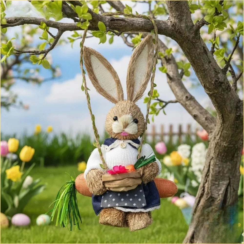 13.8 Inch Easter Bunny Hanging Figurine Carrot Swing Woven Straw Rabbit Spring Home Indoor Outdoor Decor