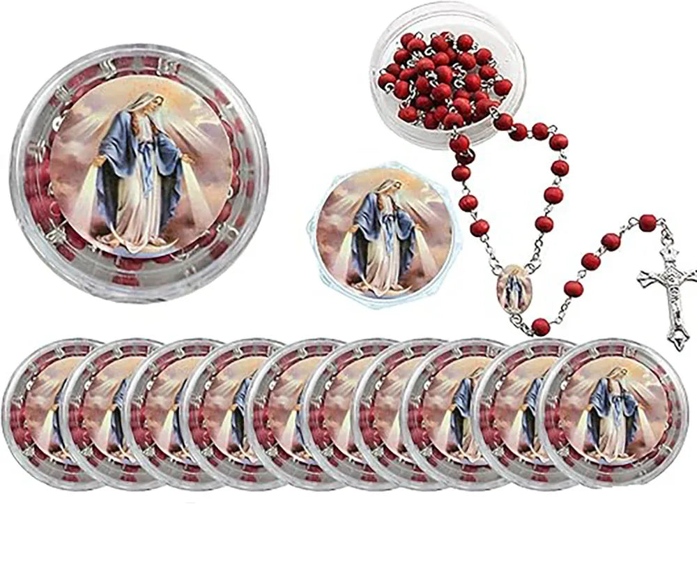 12 PCS Miraculous Our Lady of Grace Rose Scented Rosary Religious Gift Favors Wood bead Rosary Necklace in gift box