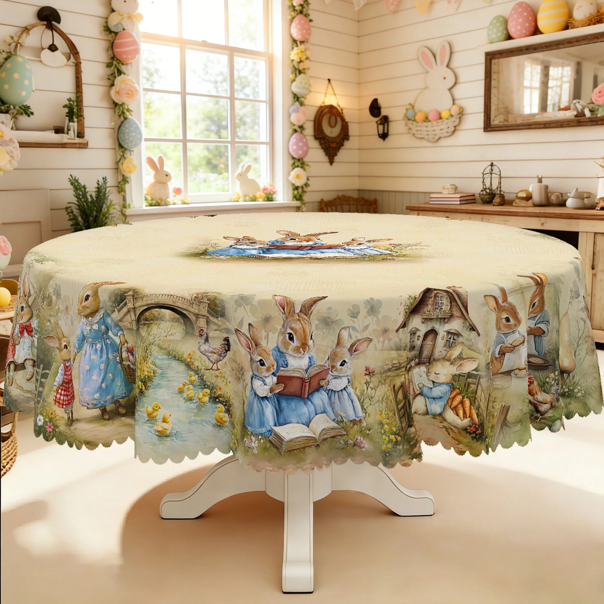 1 Easter-Themed Round Tablecloth, Available in 5 Sizes, Featuring a Central Cluster of Soft and Cute Rabbits Reading Books, with Little Rabbits Hopping Across the Bridge, Snuggling in a Hut, or Holding Bread, Embossed Edges,