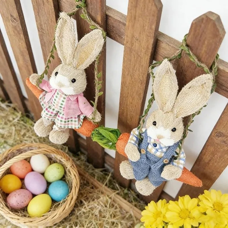 13.8 Inch Easter Bunny Hanging Figurine Carrot Swing Woven Straw Rabbit Spring Home Indoor Outdoor Decor