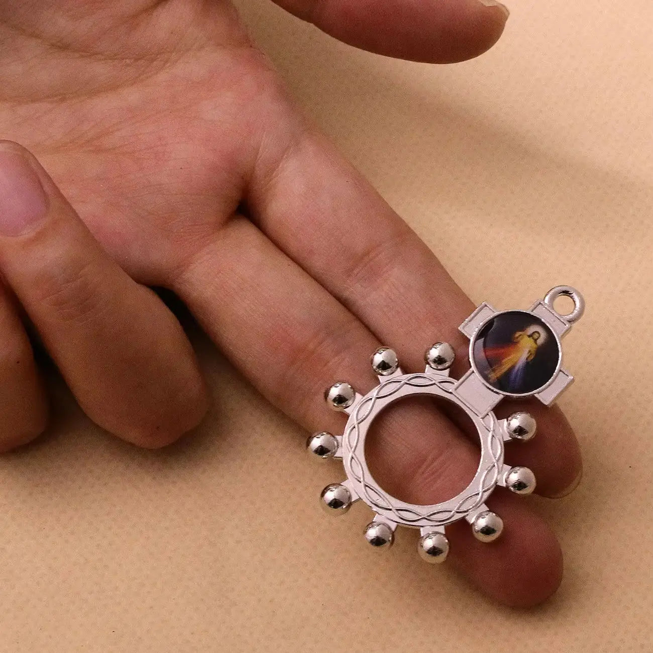 10Pcs Catholic Random Icon Cross Rosary Ring Our Lady of Perpetual Help Icon One Decade Rosary Portable Jewelry Accessories