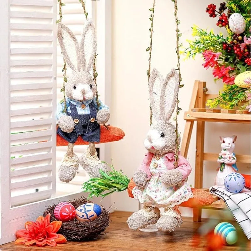 13.8 Inch Easter Bunny Hanging Figurine Carrot Swing Woven Straw Rabbit Spring Home Indoor Outdoor Decor