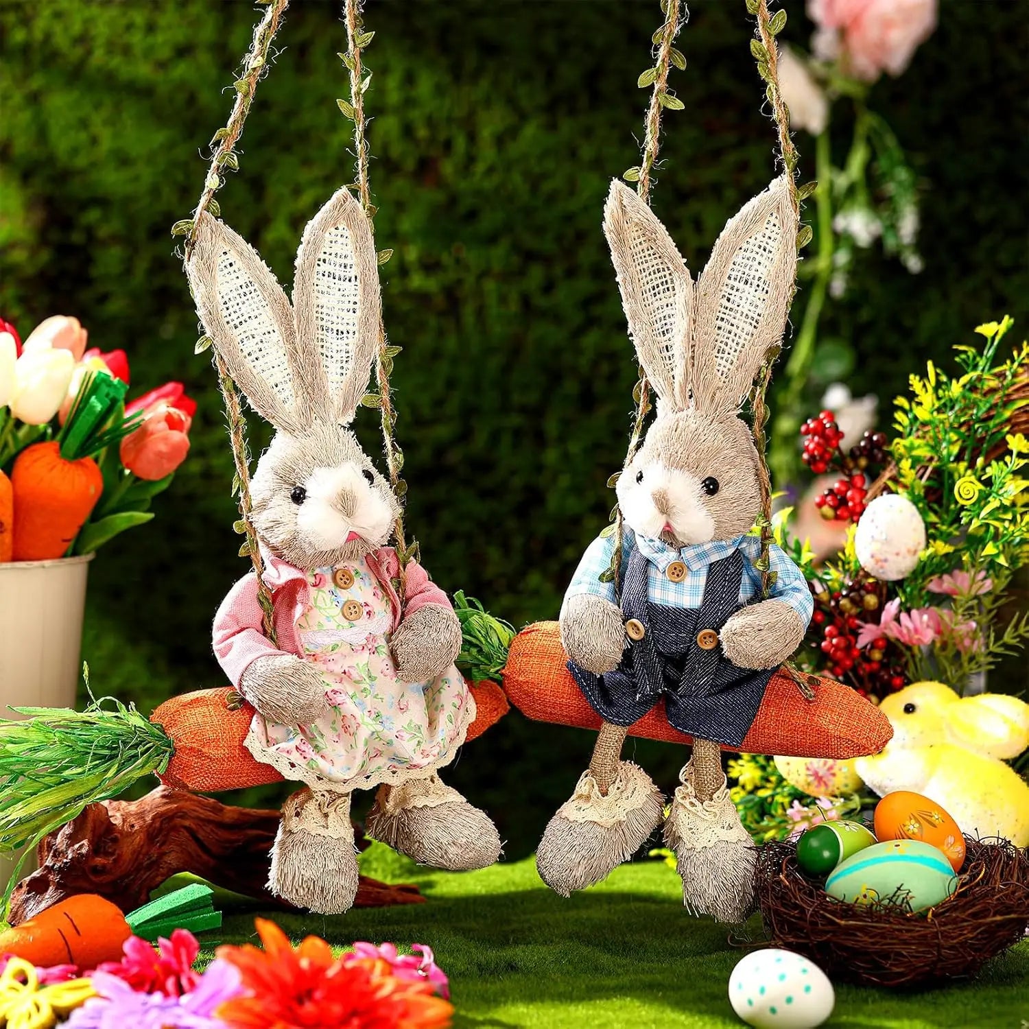 13.8 Inch Easter Bunny Hanging Figurine Carrot Swing Woven Straw Rabbit Spring Home Indoor Outdoor Decor