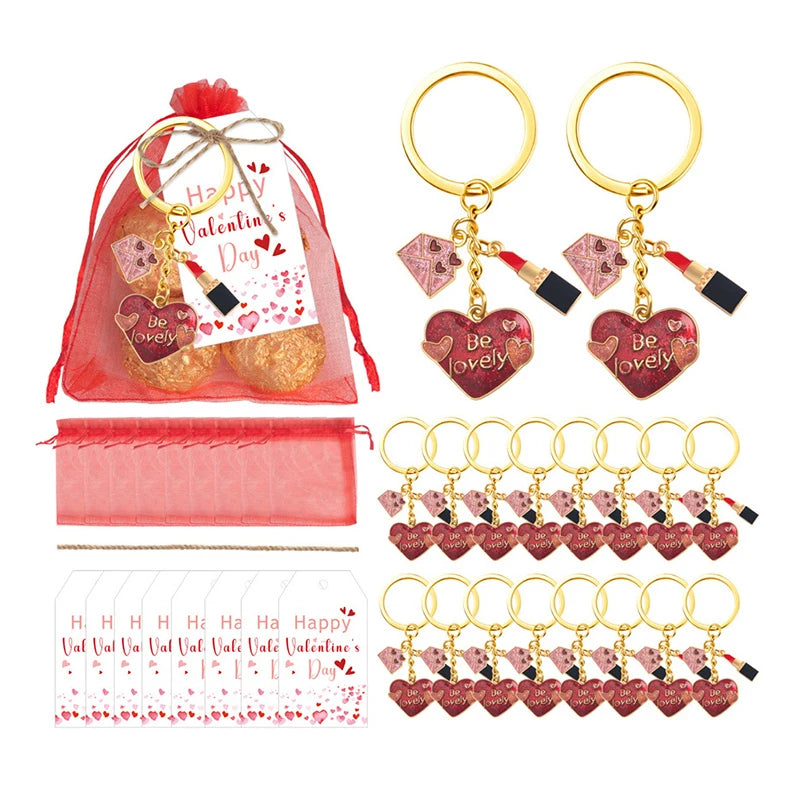 18 Set Valentine's Day Couple Gifts 18 Heart Keychain, 18 Gift Label Tags, 18 Red Organza Bags Couple Exchange Gifts