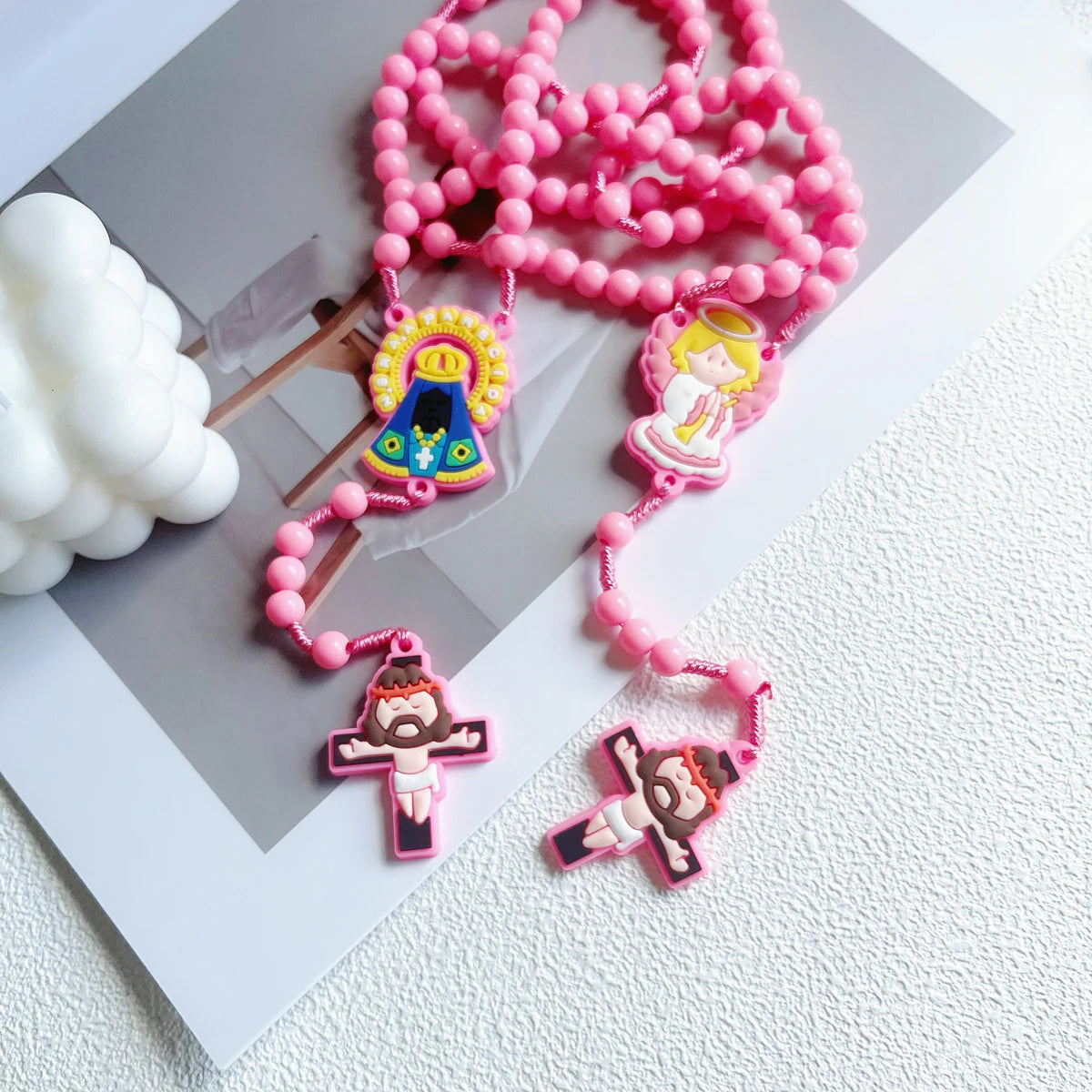 1 Piece Set Children's Catholic Rosary with Virgin Mary Angel Cross Pendant Boys Girls Communion Party Gift