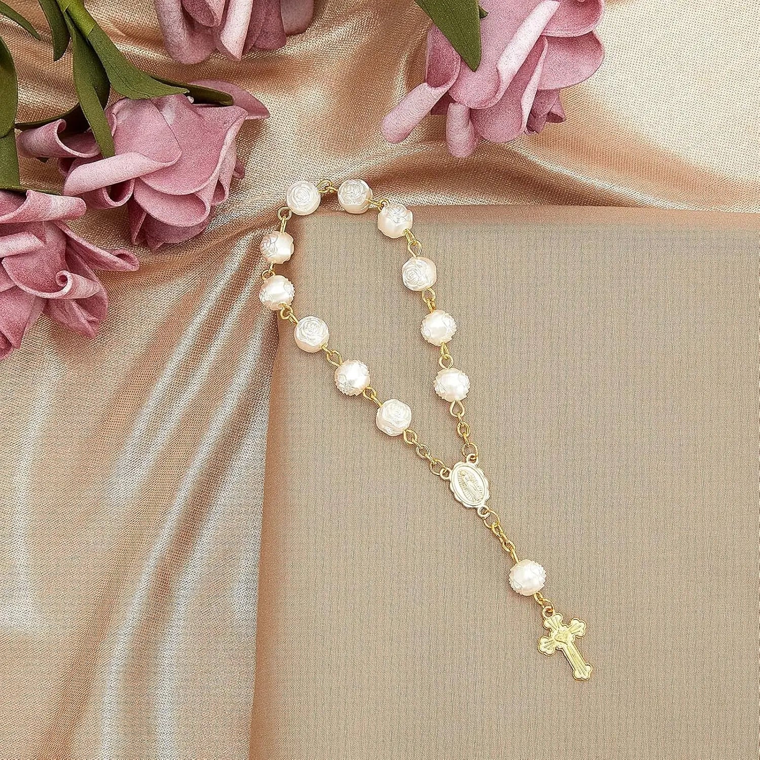 10-60 Pieces Mini Rosaries Baptism Rosary Beads Acrylic Ivory Color Finger Baptism Rosaries Faux Pearls with Organza Bags
